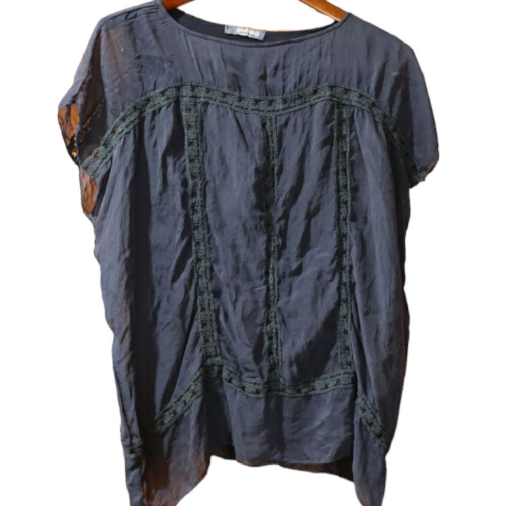 Giulia Navy Blue 100% Silk Lacy Top Medium